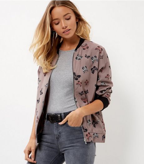 Apricot Stone Butterfly Print Bomber Jacket | New Look