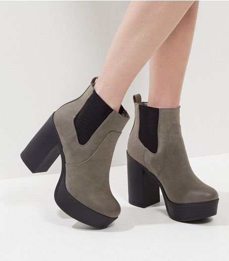 Grey Suedette Contrast Platform Heeled Boots | New Look