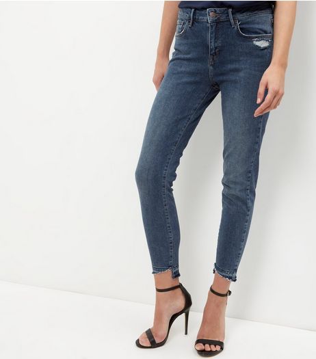 Blue Asymmetric Hem Ripped Skinny Jeans | New Look