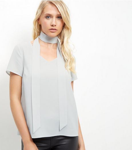 Grey Tie Neck T-Shirt | New Look