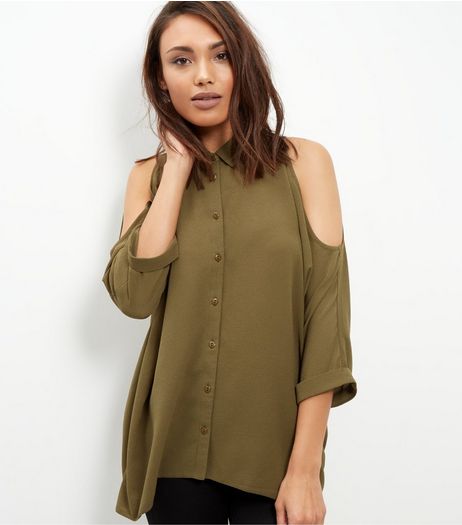 Khaki Textured Cold Shoulder Roll Sleeve Shirt | New Look