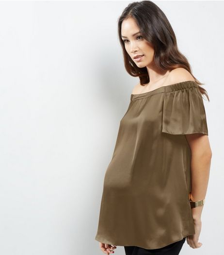 Maternity Khaki Sateen Woven Bardot Neck Top | New Look