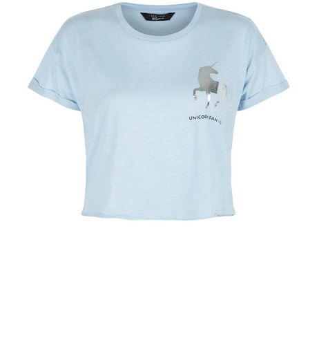 Teens Blue Foil Unicorn Crop Top | New Look