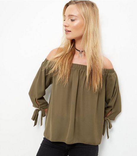 Cameo Rose Khaki Bardot Neck Tie Sleeve Top | New Look