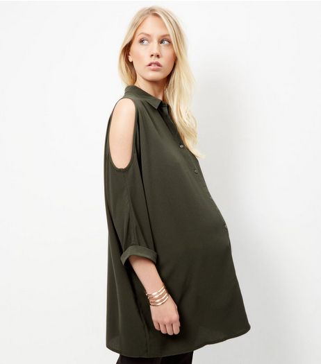Maternity Khaki Cold Shoulder Shirt | New Look