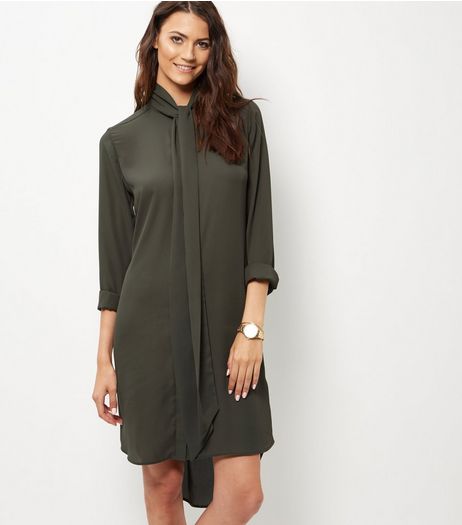 Khaki Crepe Tie Neck Shirt Dress | New Look
