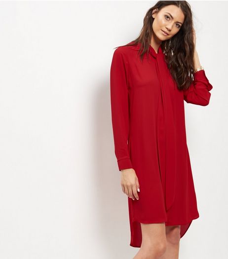 Red Crepe Tie Neck Shirt Dress | New Look
