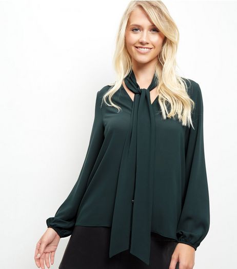 Dark Green Pussybow Shirt | New Look