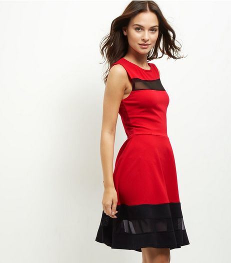 Cameo Rose Red Mesh Panel Skater Dress | New Look