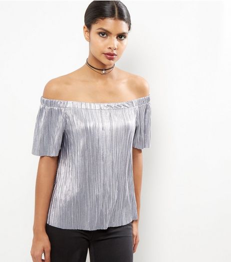 Grey Foil Pleated Bardot Neck Top | New Look