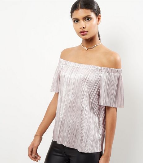 Shell Pink Foil Pleated Bardot Neck Top | New Look
