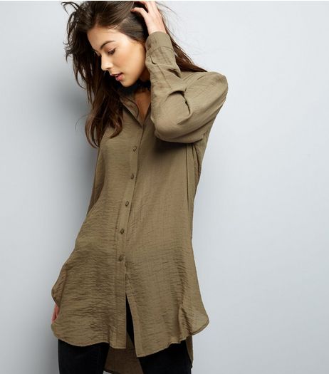 Khaki Long Sleeve Longline Shirt | New Look
