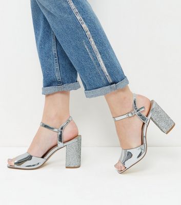 wide fit silver glitter block heels