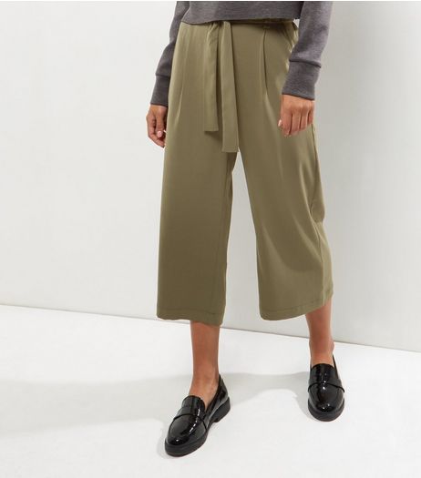 Khaki Tie Waist Wide Leg Cropped Trousers | New Look