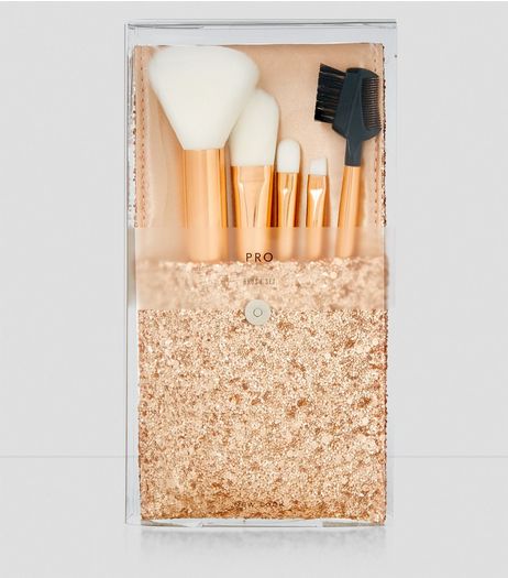 Rose Gold Glitter Pouch Brush Set | New Look