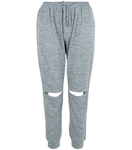 Teens Grey Fine Knit Rip Knee Joggers | New Look