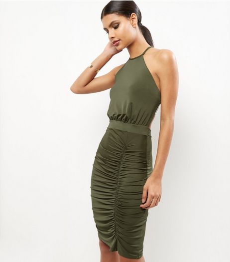 Khaki Ruched Side Midi Dress | New Look