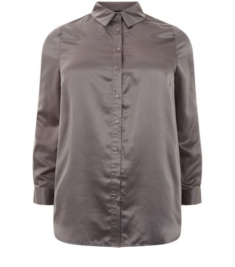 Curves Grey Sateen Floral Embroidered Shirt | New Look