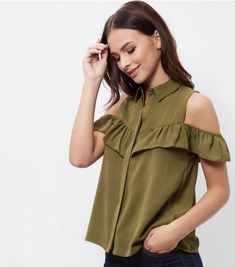 Khaki Button Front Cold Shoulder Frill Shirt | New Look