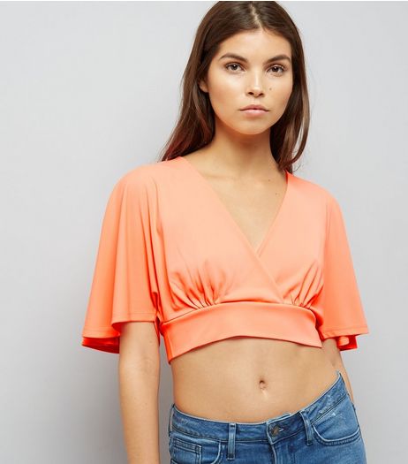 Bright Orange Cape Sleeve Wrap Front Crop Top | New Look