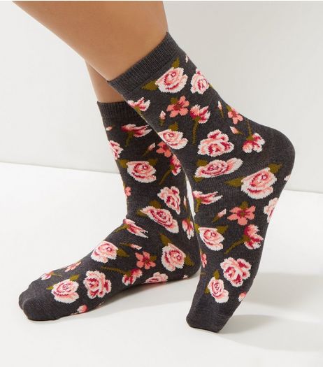 Dark Grey Rose Print Socks | New Look