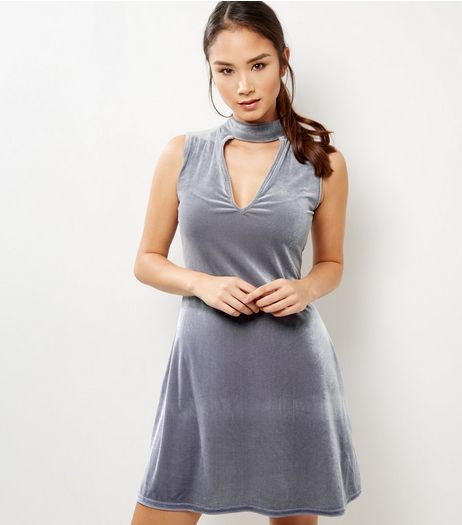 Grey Velvet Choker Neck Dress | New Look