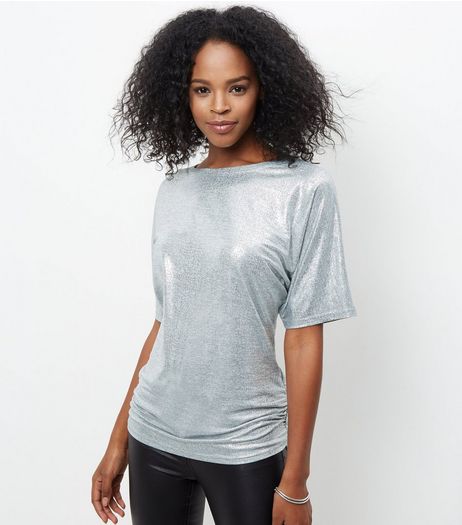 Cameo Rose Silver Metallic Ruched Side Top | New Look
