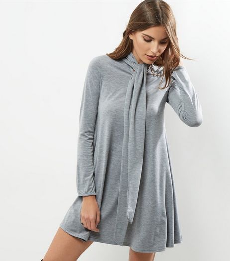Grey Tie Neck Long Sleeve Tunic Dress | New Look