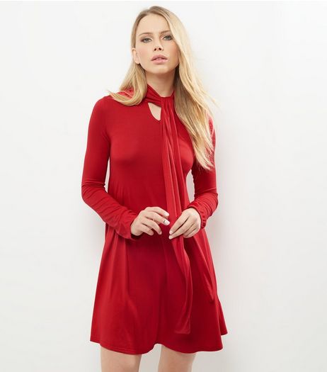 Red Tie Neck Long Sleeve Tunic Dress | New Look