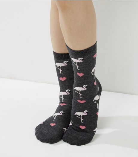 Dark Grey Flamingo Print Socks | New Look