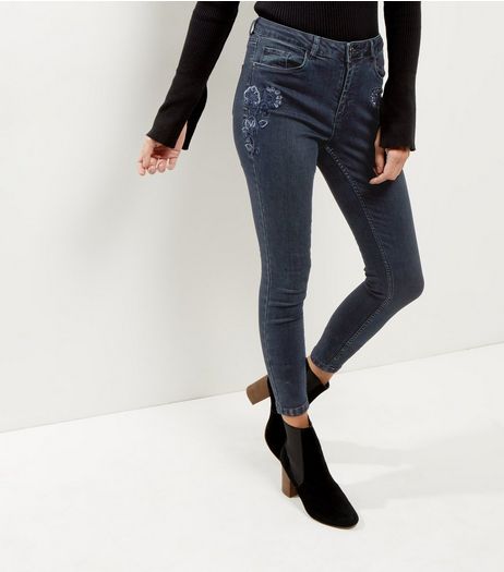 Blue Floral Embroidered Skinny Jenna Jeans | New Look
