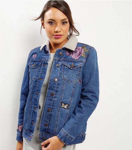 Blue Denim Floral Embroidered Borg Trim Jacket | New Look