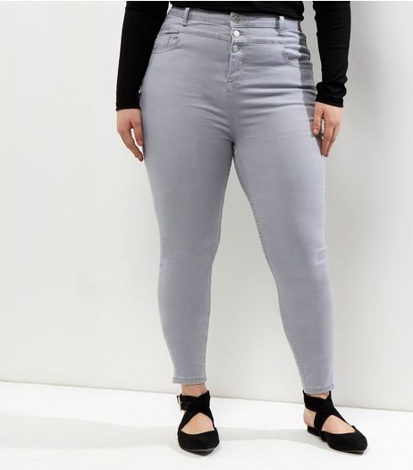 Curves Pale Grey Tripple Button High Waist Skinny Jeans | New Look