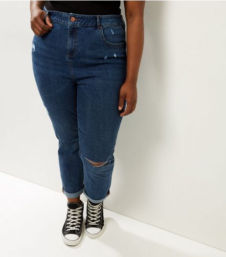 Curves Blue Ripped Mom Jeans | New Look
