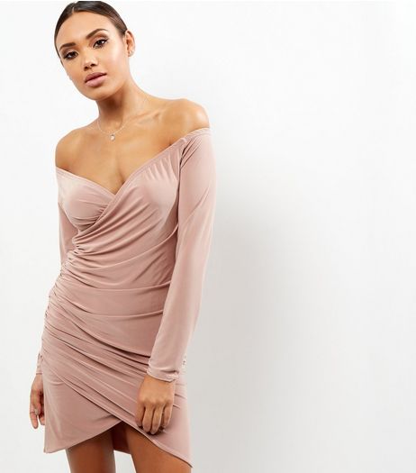 Shell Pink Ruched Wrap Front Bodycon Dress | New Look
