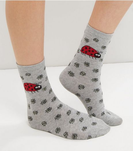 Pale Grey Ladybug Print Socks | New Look