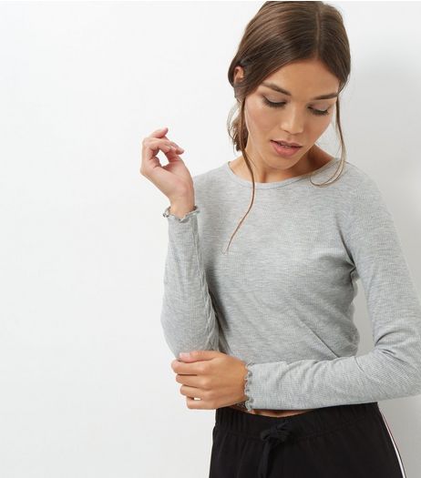 Grey Ribbed Frill Trim Long Sleeve Top | New Look