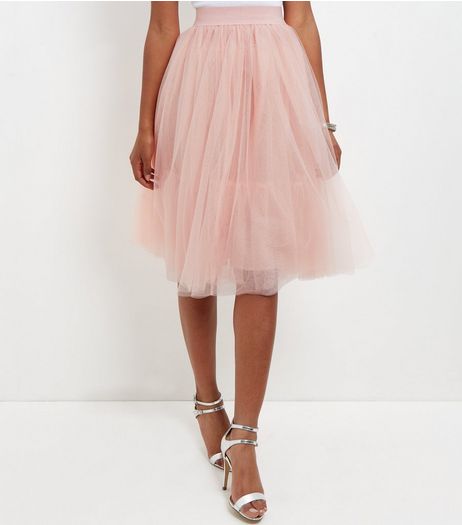 Cameo Rose Shell Pink Tulle Pleated Midi Skirt | New Look