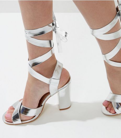 Wide Fit Silver Tie Up Block Heeled Sandals | New Look