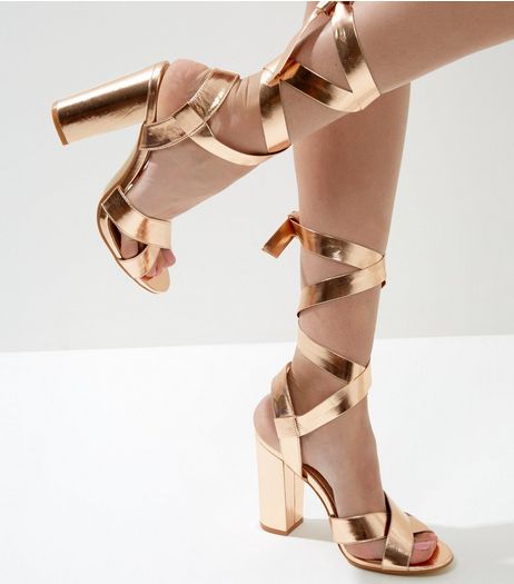 Wide Fit Rose Gold Tie Up Block Heeled Sandals | New Look