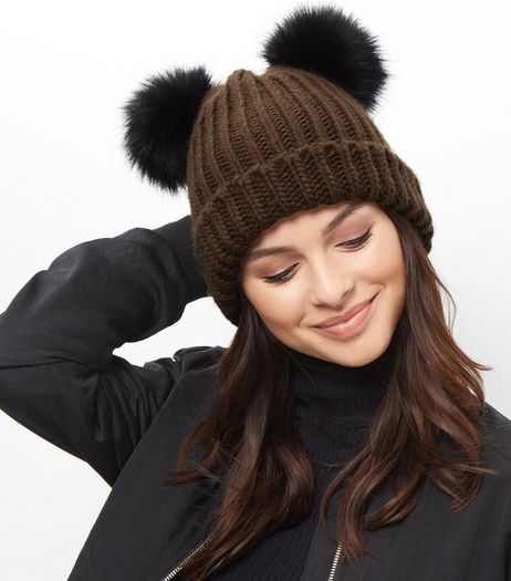 Khaki Double Faux Fur Pom Pom Hat | New Look