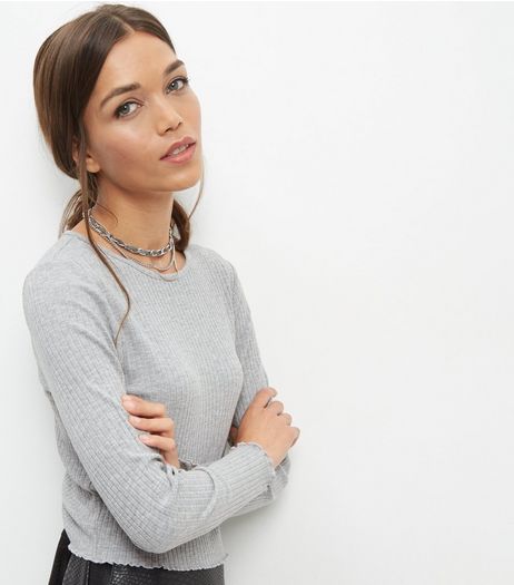 Grey Ribbed Frill Trim Long Sleeve Top | New Look