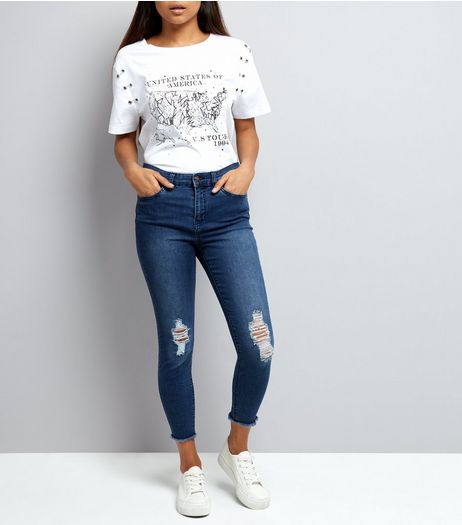 Petite Blue Ripped Knee Raw Hem Skinny Jeans | New Look