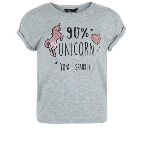 Girls Grey Unicorn Sparkle Print T-shirt | New Look