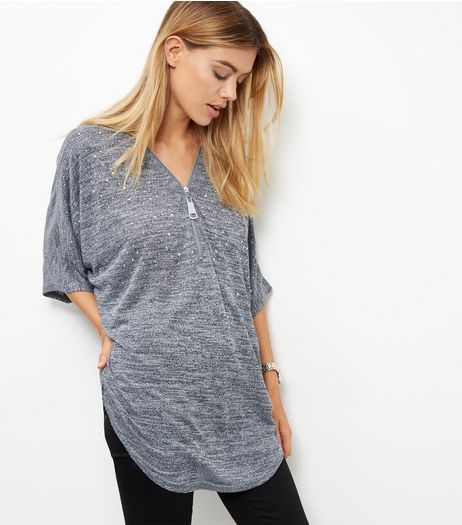 Blue Vanilla Grey Diamante Zip Front Top | New Look