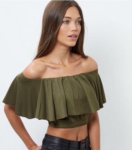 Cameo Rose Khaki Frill Trim Bardot Neck Crop Top | New Look