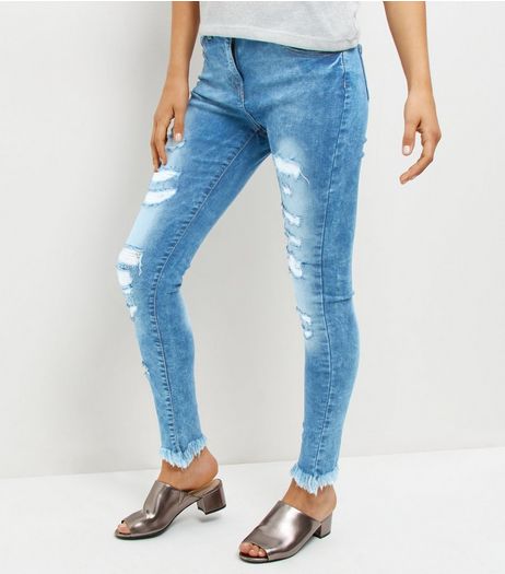 Parisian Blue Raw Hem Ripped Skinny Jeans | New Look
