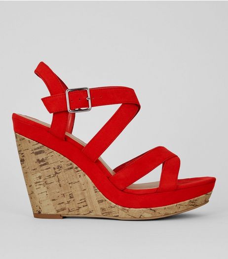 Red Suedette Cross Strap Wedges | New Look