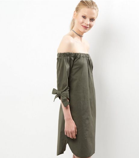 Khaki Bardot Tie Sleeve Dress | New Look