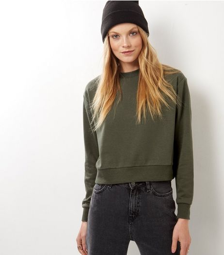 Khaki Ribbed Long Sleeve Cropped Sweater | New Look